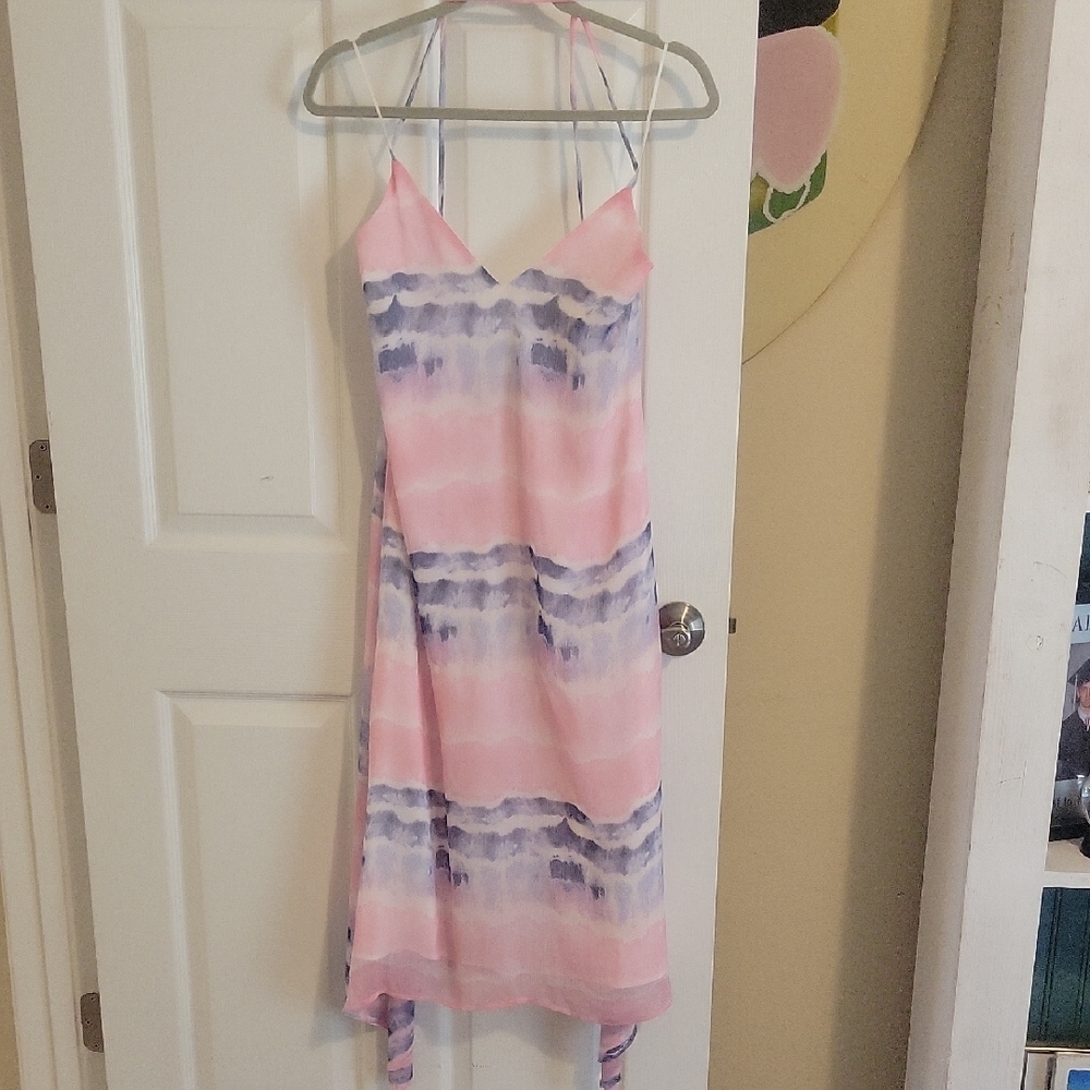 If By Sea Pink and Purple Halter criss cross strap zip up back halter Dress SzSm